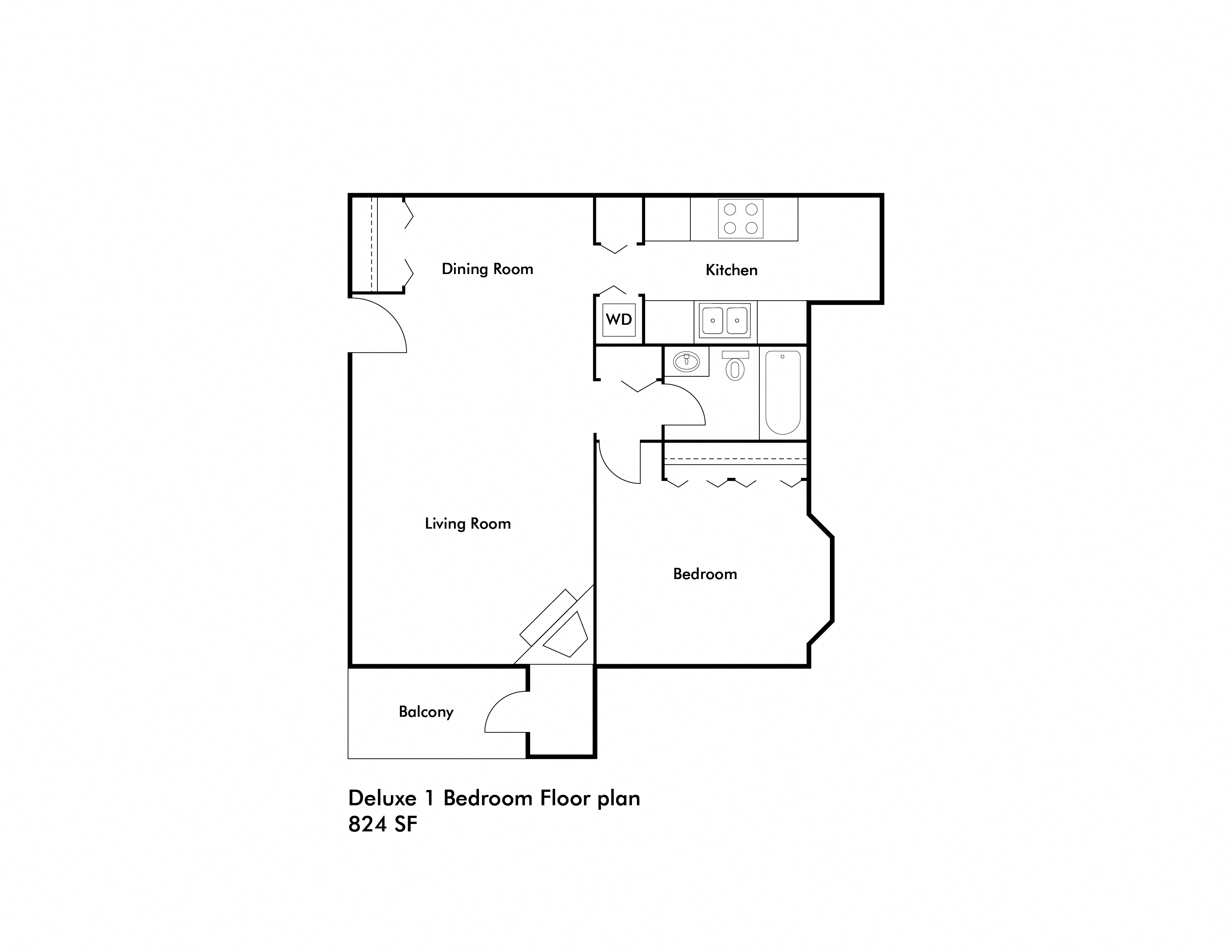 Floor plan for 1 bed, 1 bath, 824 sqft